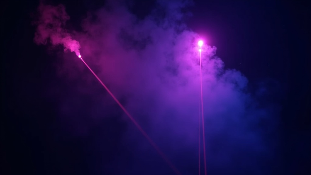 Magenta and blue neon beams through volumetric smoke