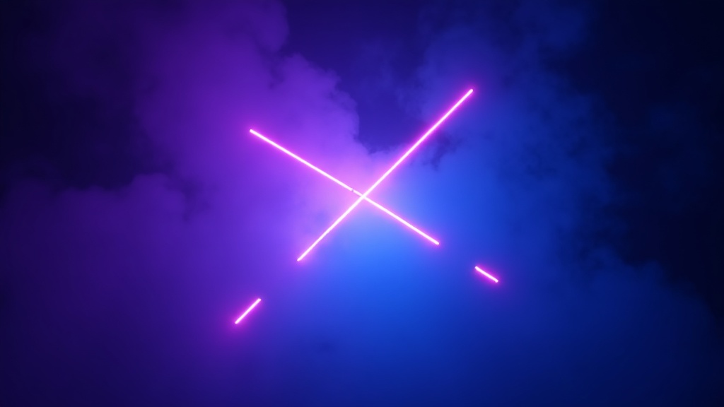 Purple and teal neon beams intersecting through haze